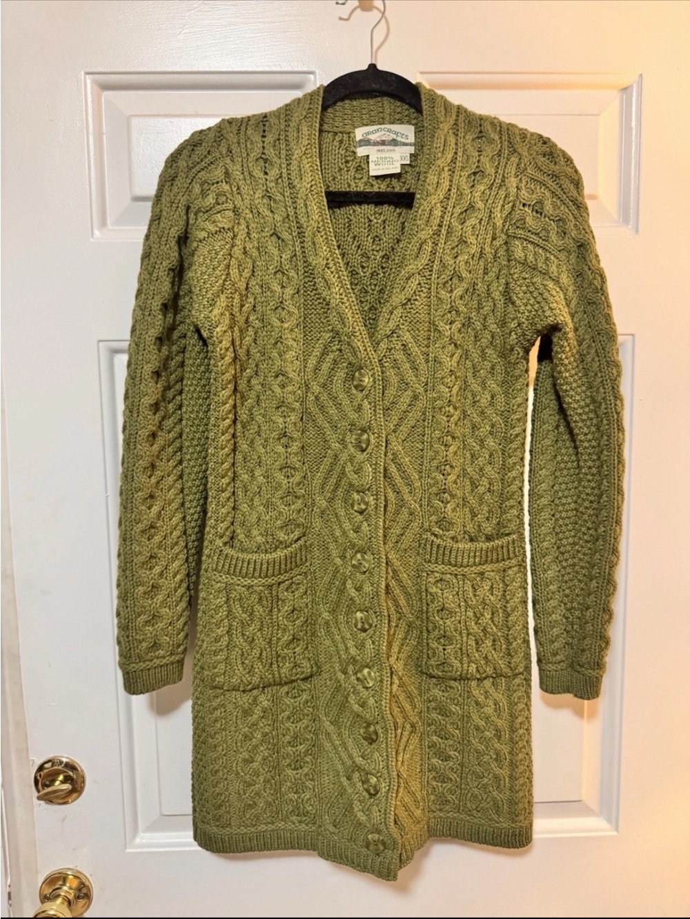 Aran Crafts Ireland Merino Wool Green Cable Knit Long Cardigan Size XXS